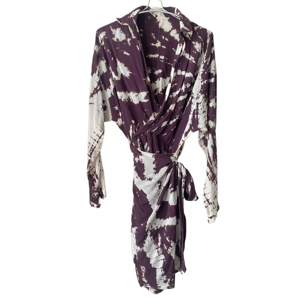 H Starlett Mini Dress Tie Dye Wrap V Neckline Purple White Size Medium - Picture 1 of 7